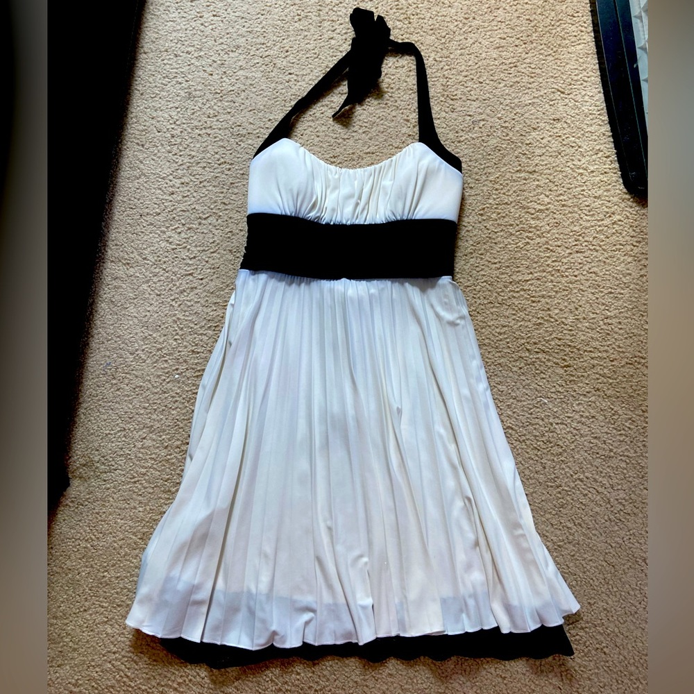 Black and ivory pleated halter dress